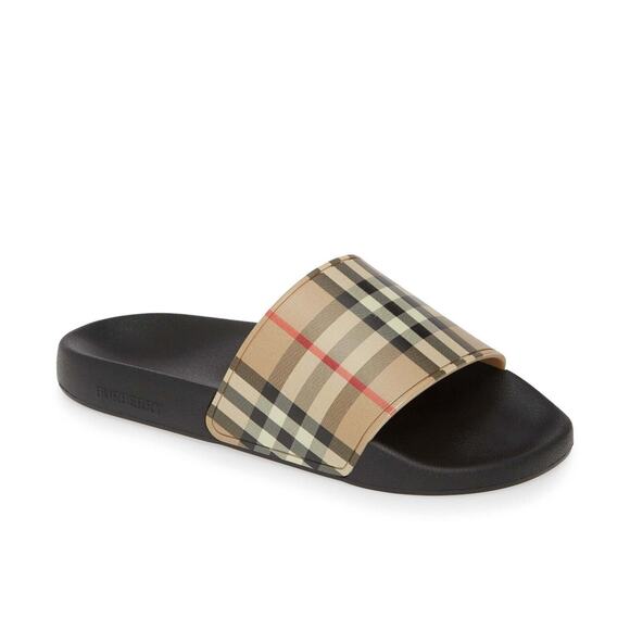 BURBERRY FURLEY BLACK RUBBER BEIGE VINTAGE IP CHECK LOGO SANDAL SLIDES 46 US 13 - Picture 1 of 12